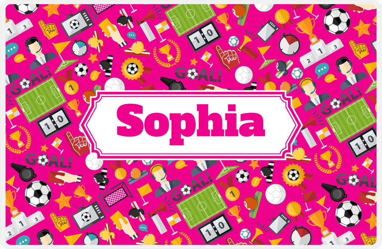 Personalized Soccer Placemat XX - Pink Background - Decorative Rectangle Nameplate -  View