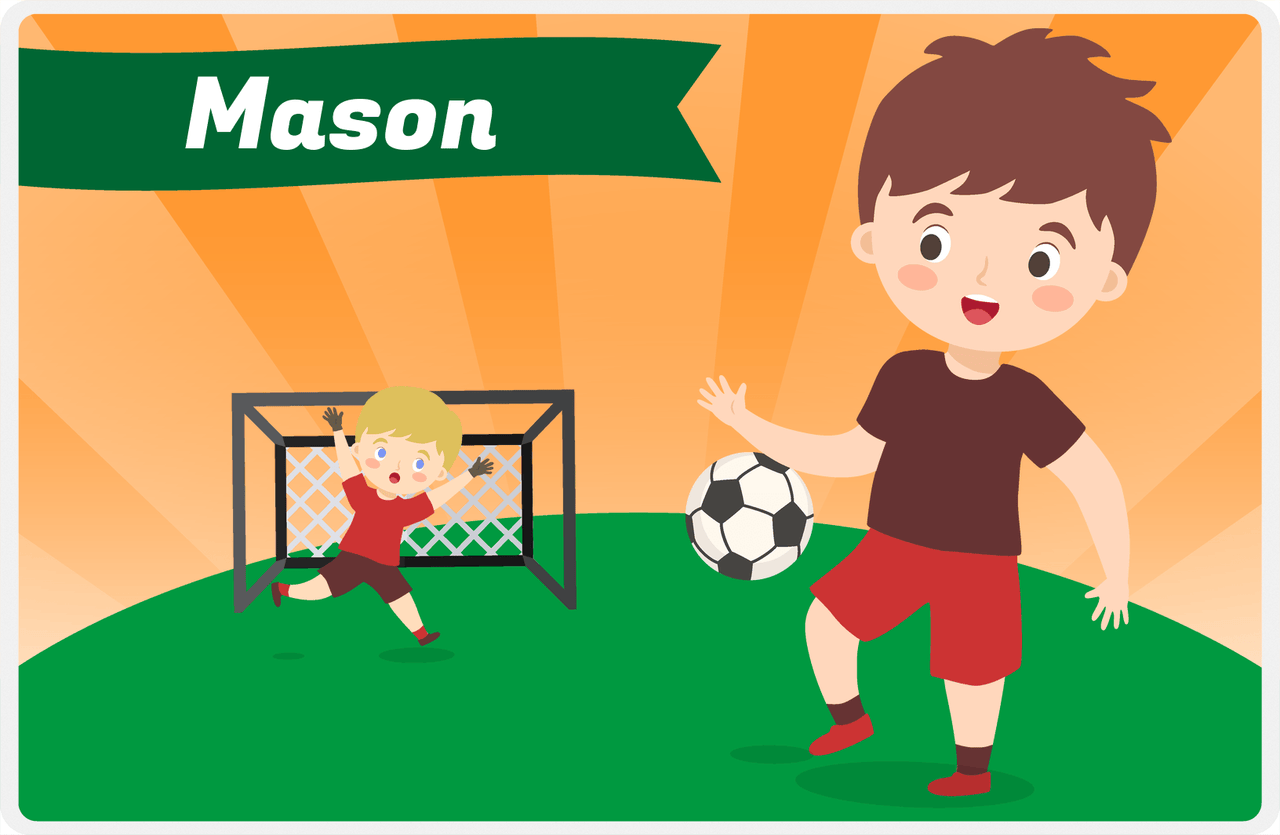 Personalized Soccer Placemat XXII - Orange Background - Brown Hair Boy -  View