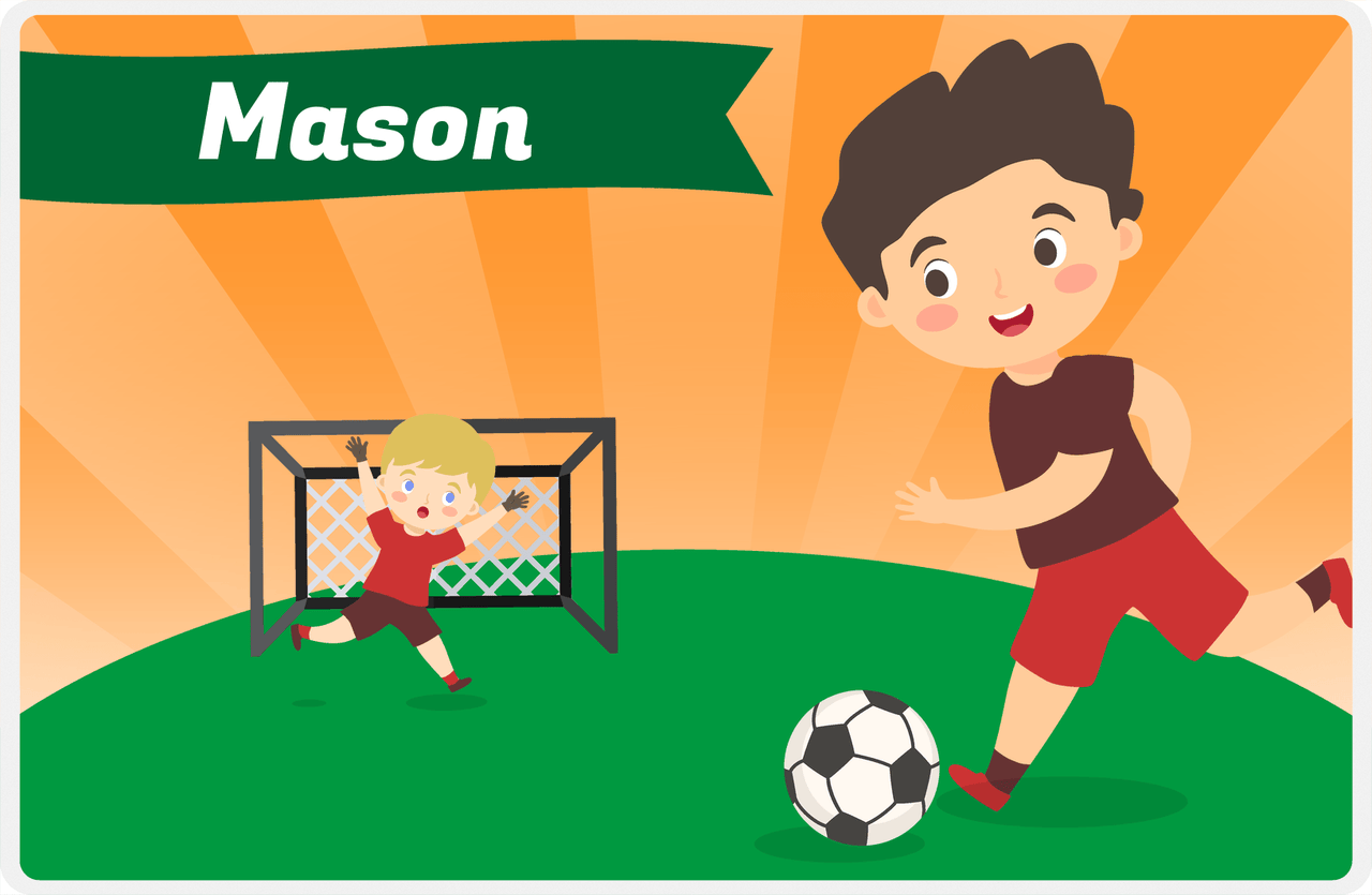 Personalized Soccer Placemat XXII - Orange Background - Black Hair Boy -  View