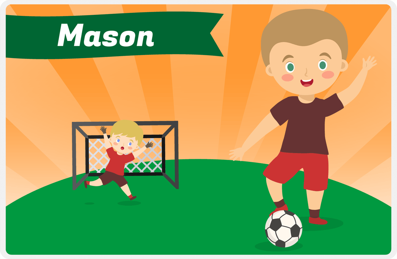 Personalized Soccer Placemat XXII - Orange Background - Blond Boy -  View