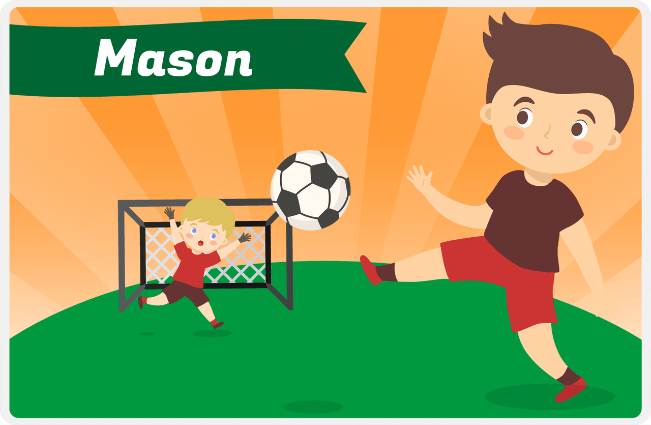 Personalized Soccer Placemat XXII - Orange Background - Brown Hair Boy II -  View