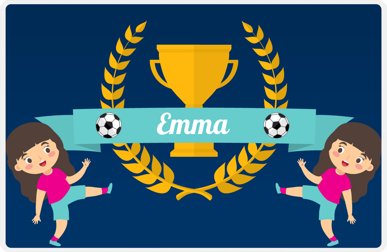 Personalized Soccer Placemat XXVIII - Blue Background - Black Hair Girl -  View