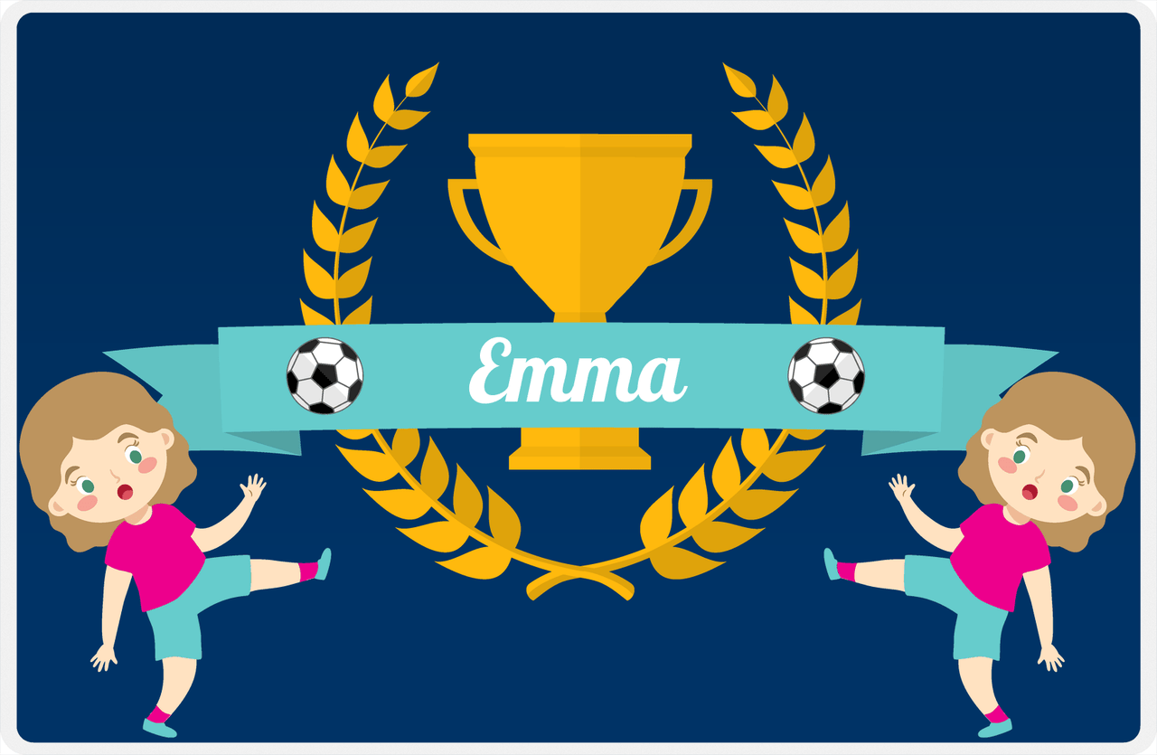 Personalized Soccer Placemat XXVIII - Blue Background - Blonde Girl -  View