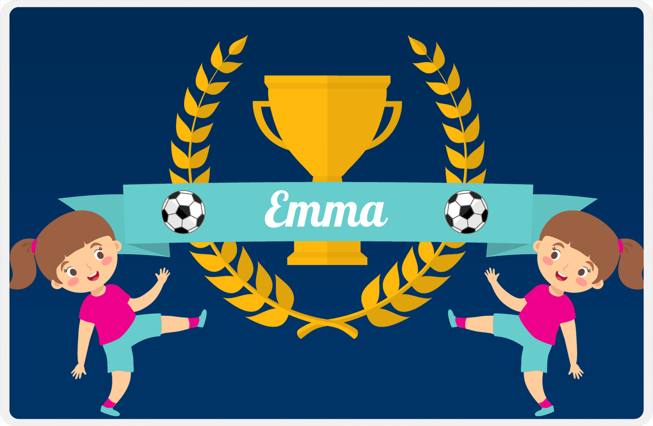 Personalized Soccer Placemat XXVIII - Blue Background - Brunette Girl -  View