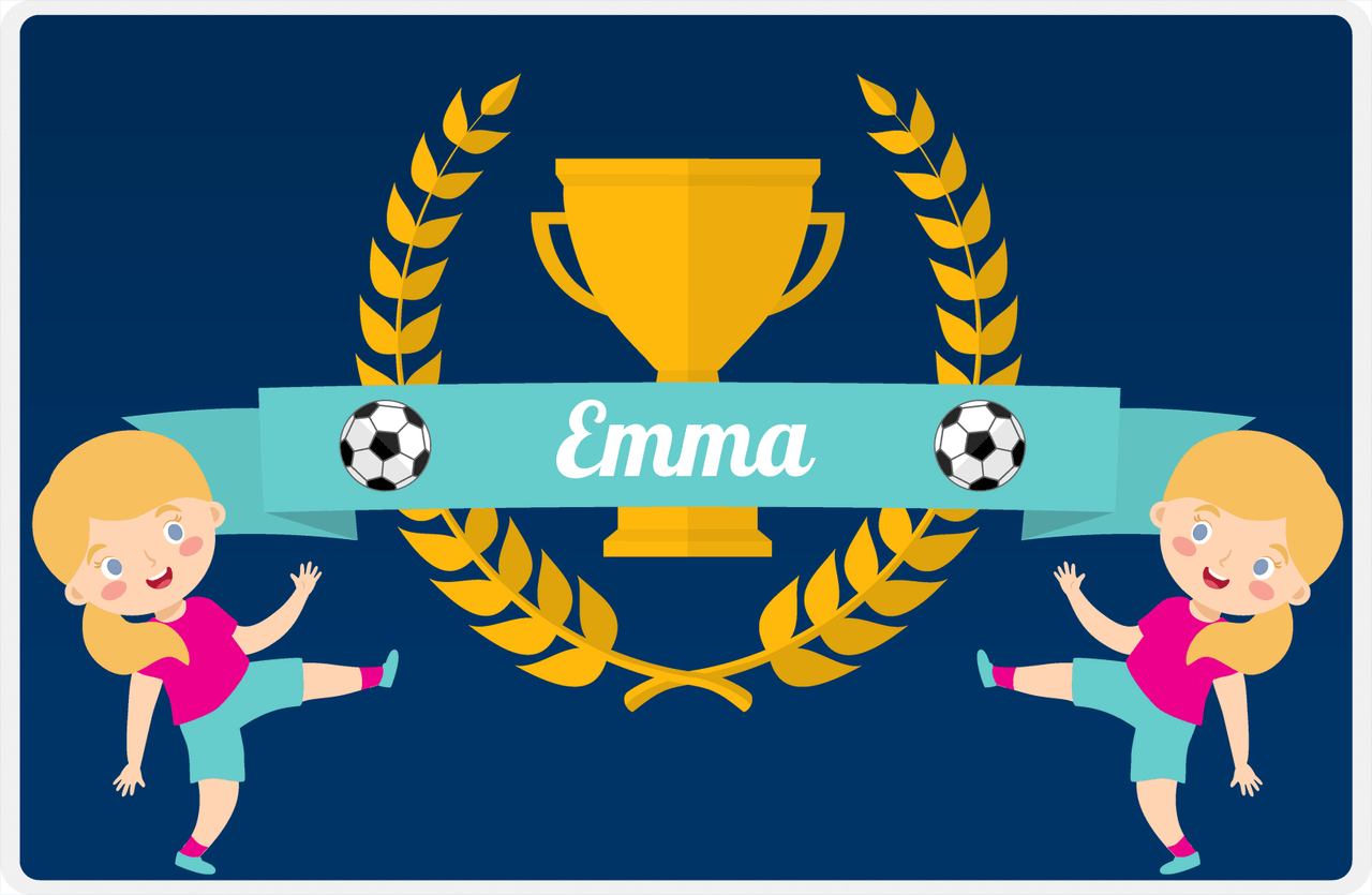 Personalized Soccer Placemat XXVIII - Blue Background - Blonde Girl II -  View