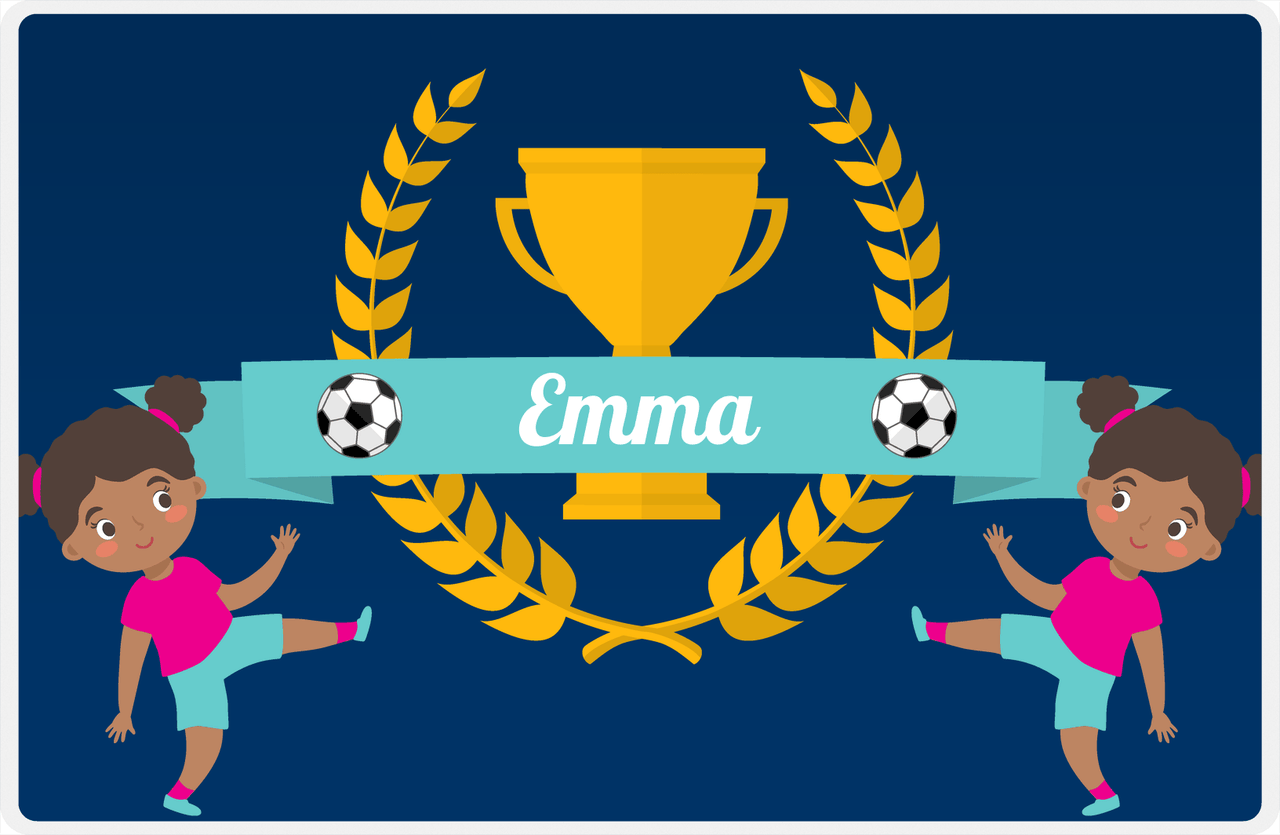 Personalized Soccer Placemat XXVIII - Blue Background - Black Girl -  View