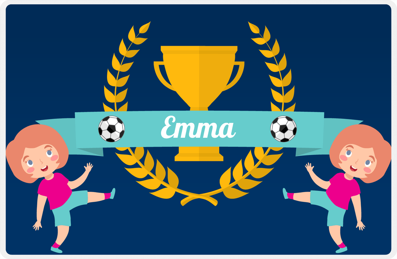 Personalized Soccer Placemat XXVIII - Blue Background - Redhead Girl -  View