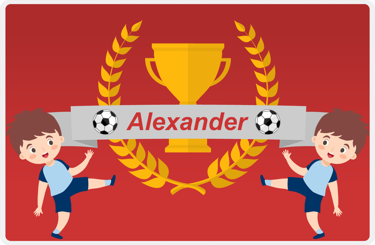 Personalized Soccer Placemat XXIX - Red Background - Brown Hair Boy II -  View