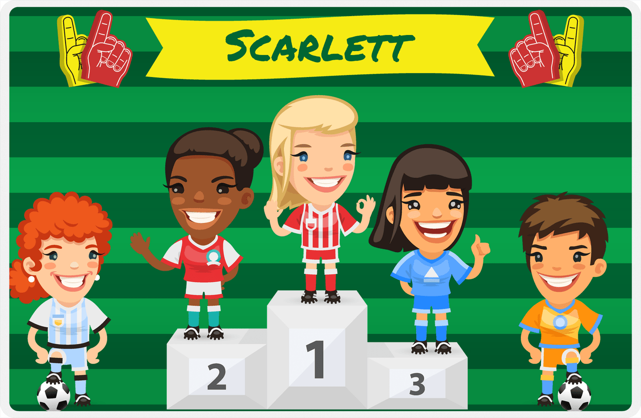 Personalized Soccer Placemat XXXV - Green Background - Blonde Girl -  View