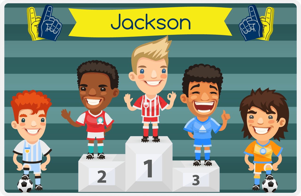 Personalized Soccer Placemat XXXVI - Teal Background - Blonde Boy -  View