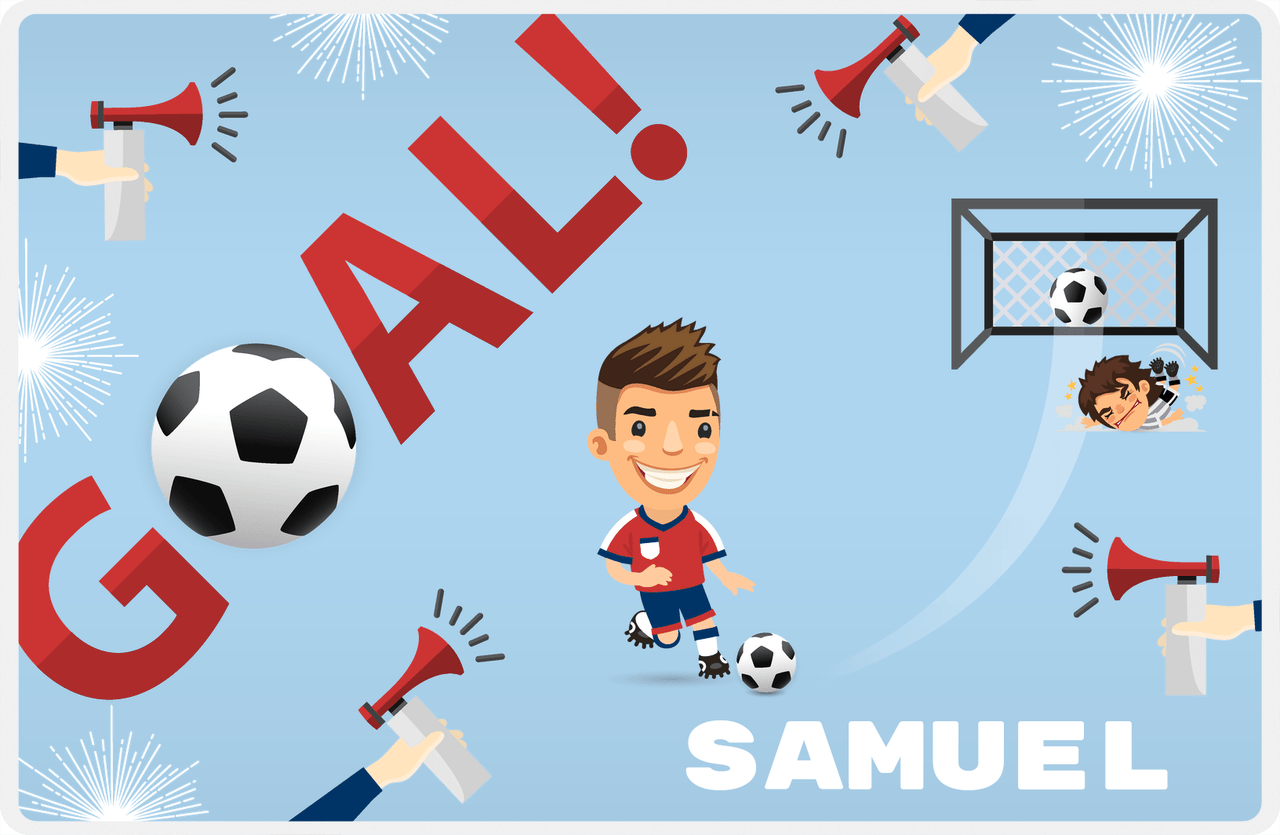 Personalized Soccer Placemat XLII - Blue Background - Brown Hair Boy -  View
