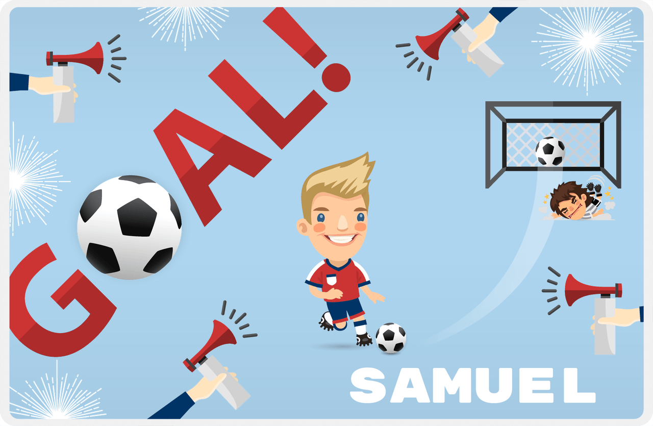 Personalized Soccer Placemat XLII - Blue Background - Blonde Boy -  View
