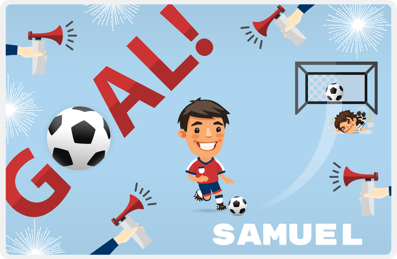 Personalized Soccer Placemat XLII - Blue Background - Black Hair Boy II -  View