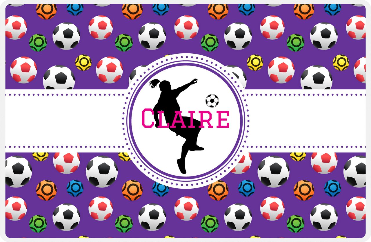 Personalized Soccer Placemat XLVIII - Purple Background - Girl Silhouette II -  View