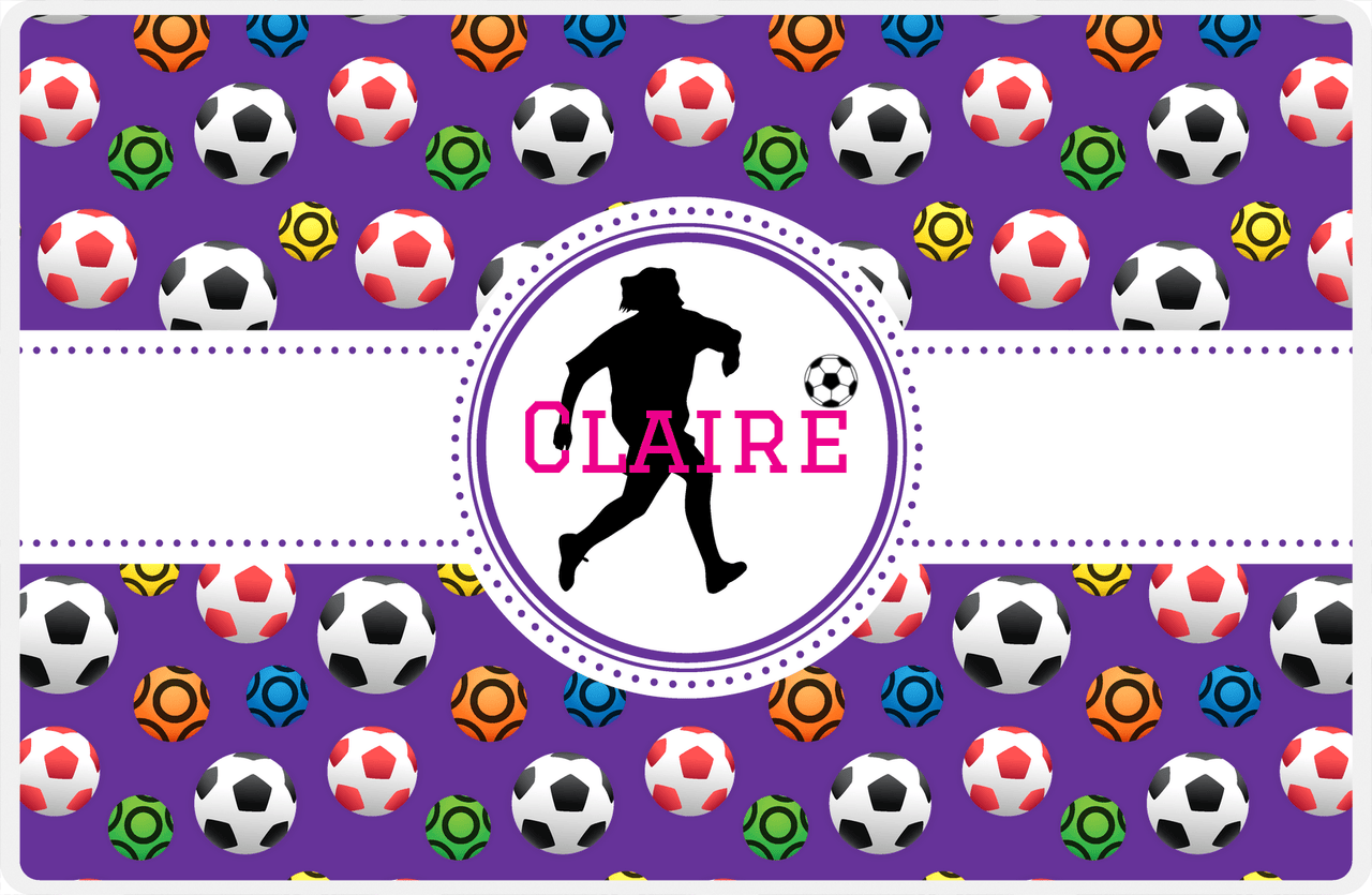 Personalized Soccer Placemat XLVIII - Purple Background - Girl Silhouette III -  View