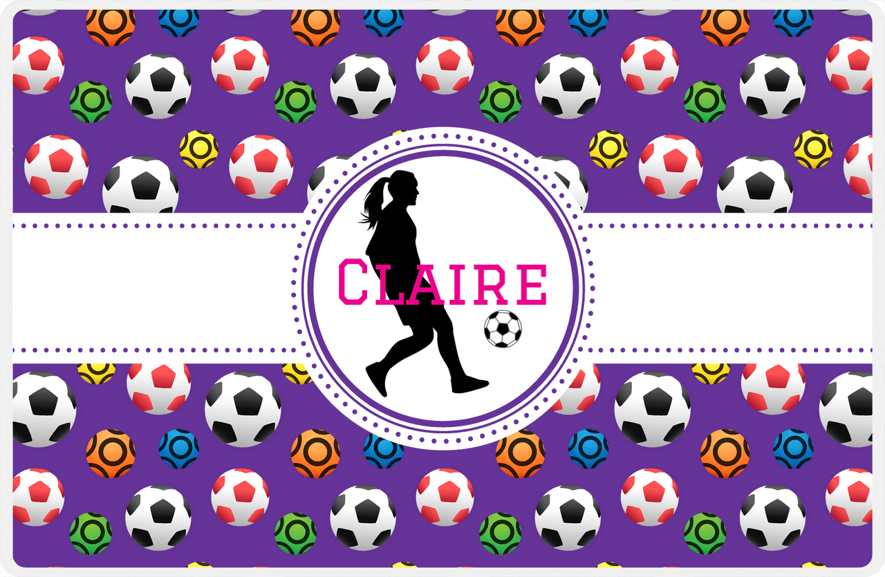 Personalized Soccer Placemat XLVIII - Purple Background - Girl Silhouette V -  View