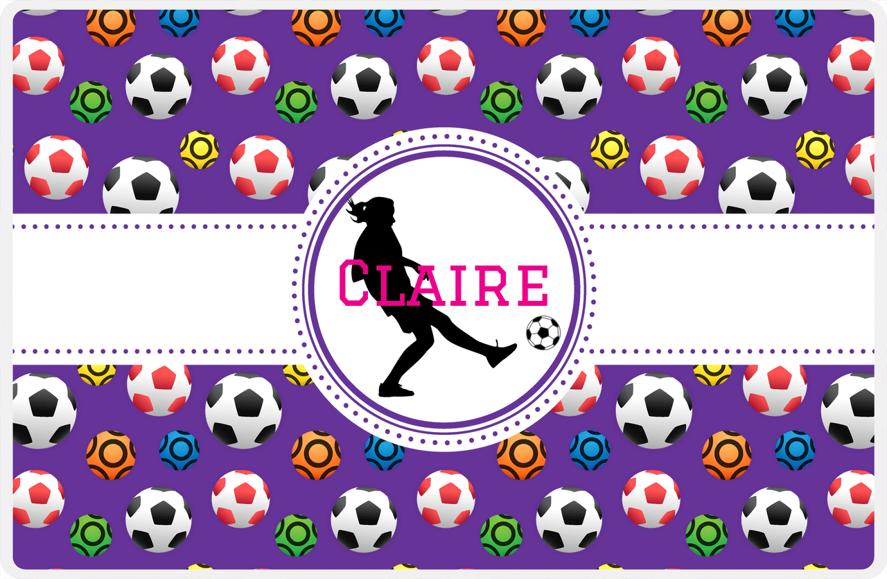 Personalized Soccer Placemat XLVIII - Purple Background - Girl Silhouette VI -  View