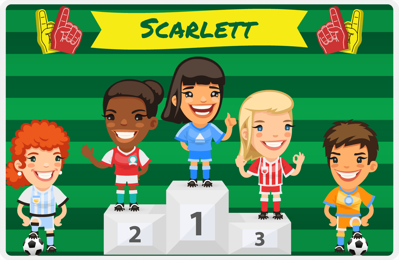 Personalized Soccer Placemat XXXV - Green Background - Black Hair Girl -  View