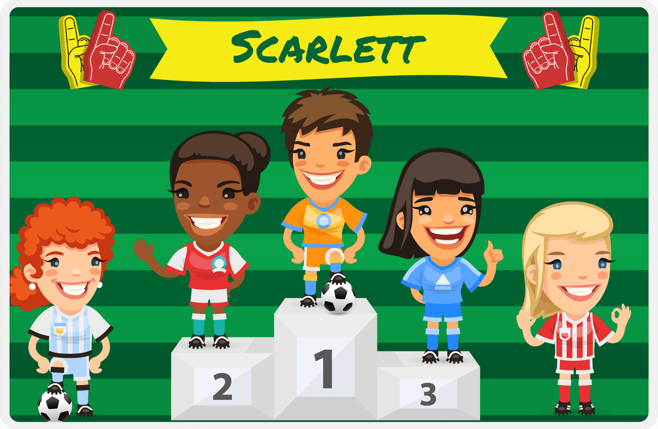 Personalized Soccer Placemat XXXV - Green Background - Brunette Girl -  View