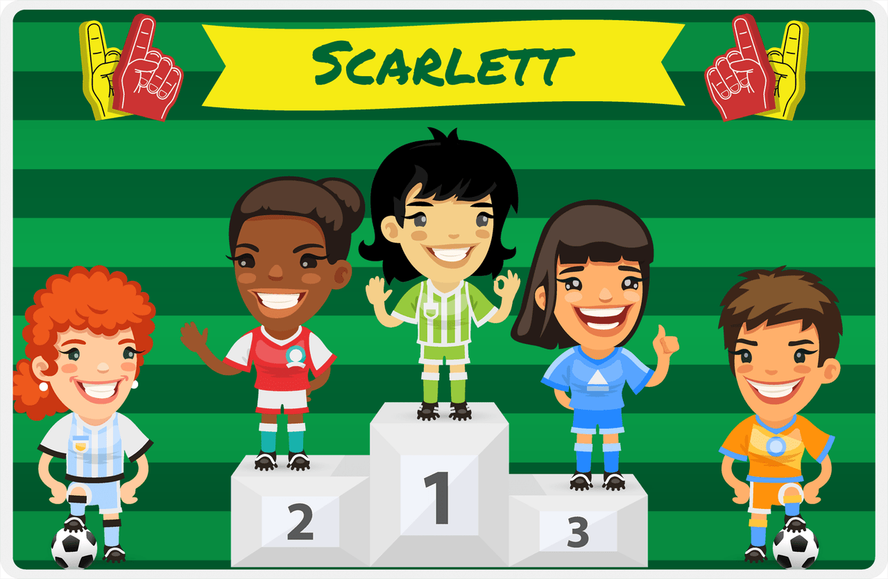 Personalized Soccer Placemat XXXV - Green Background - Black Hair Girl II -  View