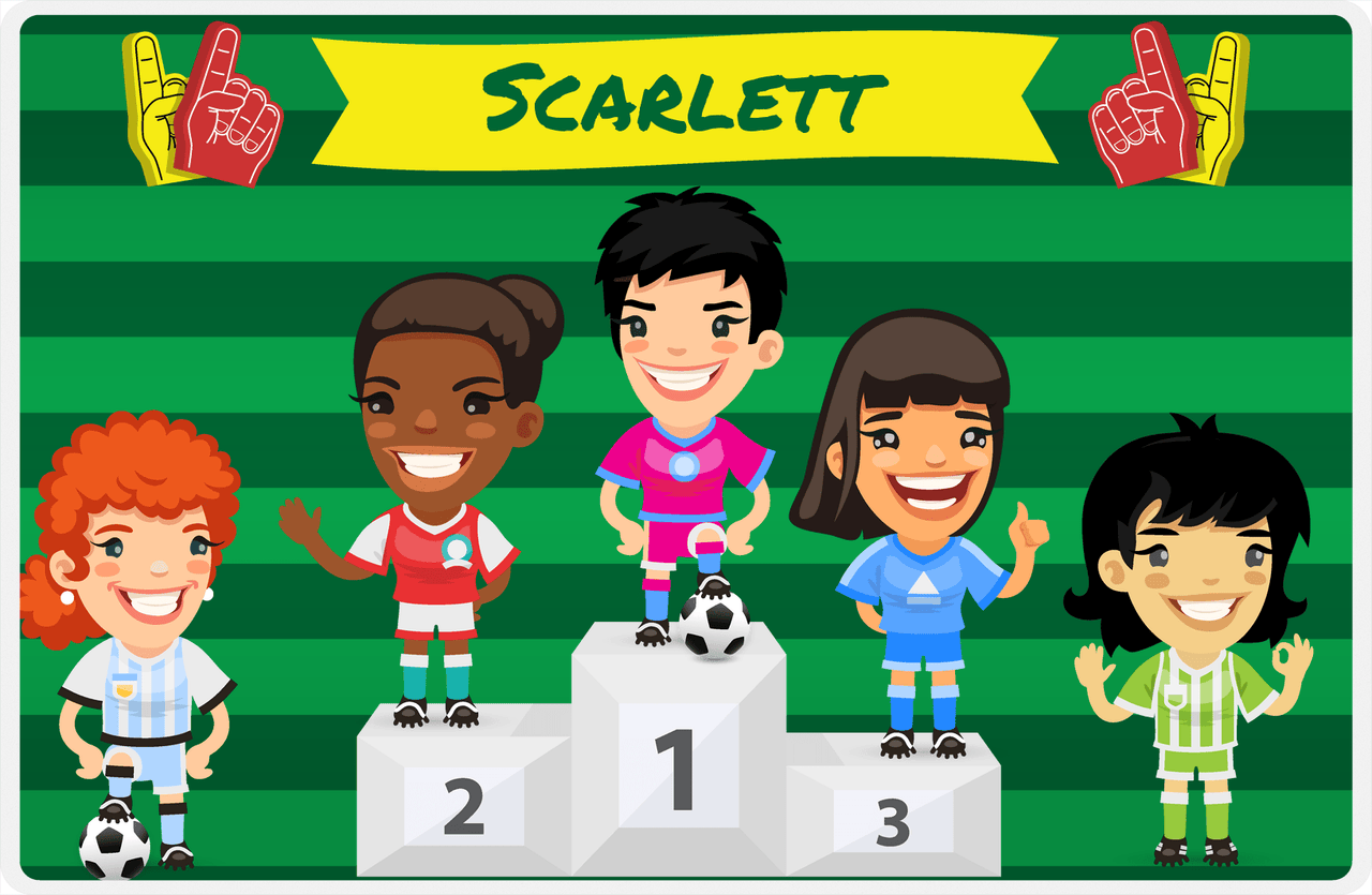 Personalized Soccer Placemat XXXV - Green Background - Black Hair Girl III -  View