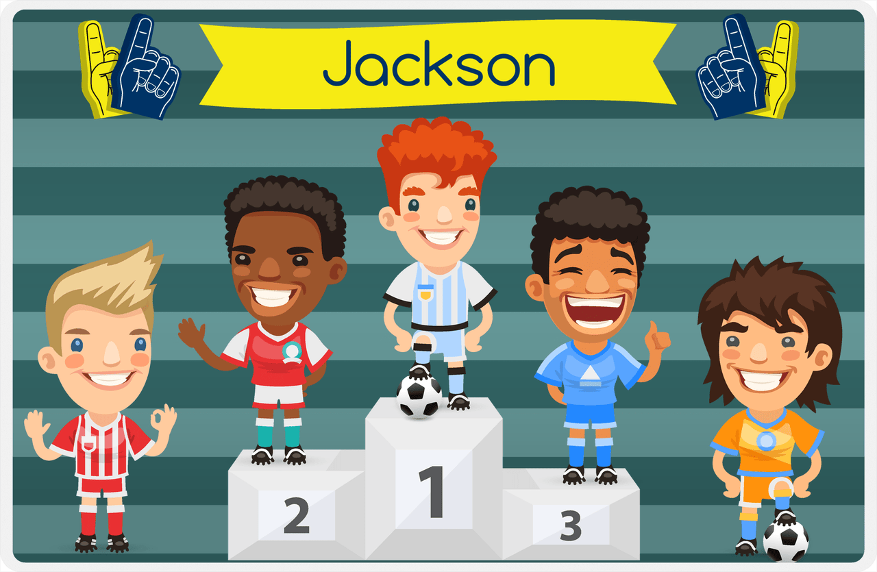 Personalized Soccer Placemat XXXVI - Teal Background - Redhead Boy -  View