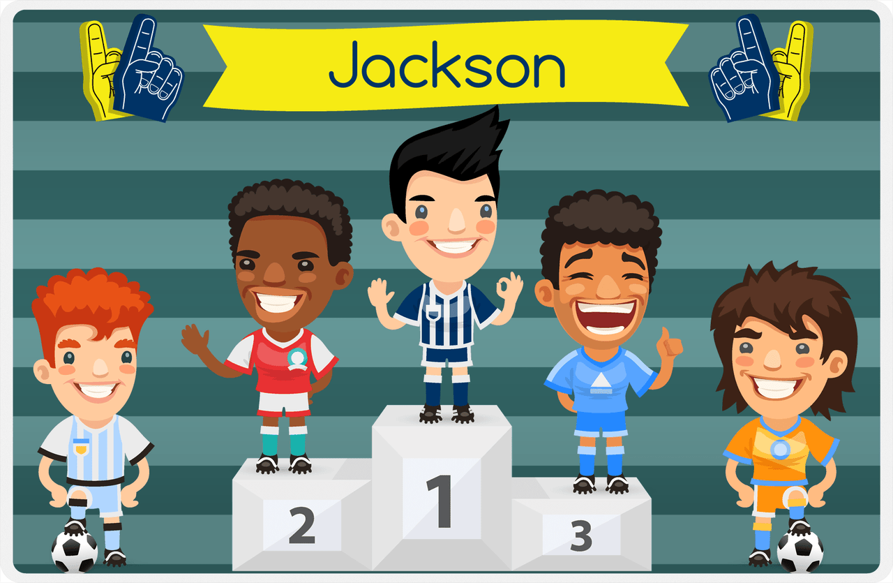 Personalized Soccer Placemat XXXVI - Teal Background - Black Hair Boy II -  View