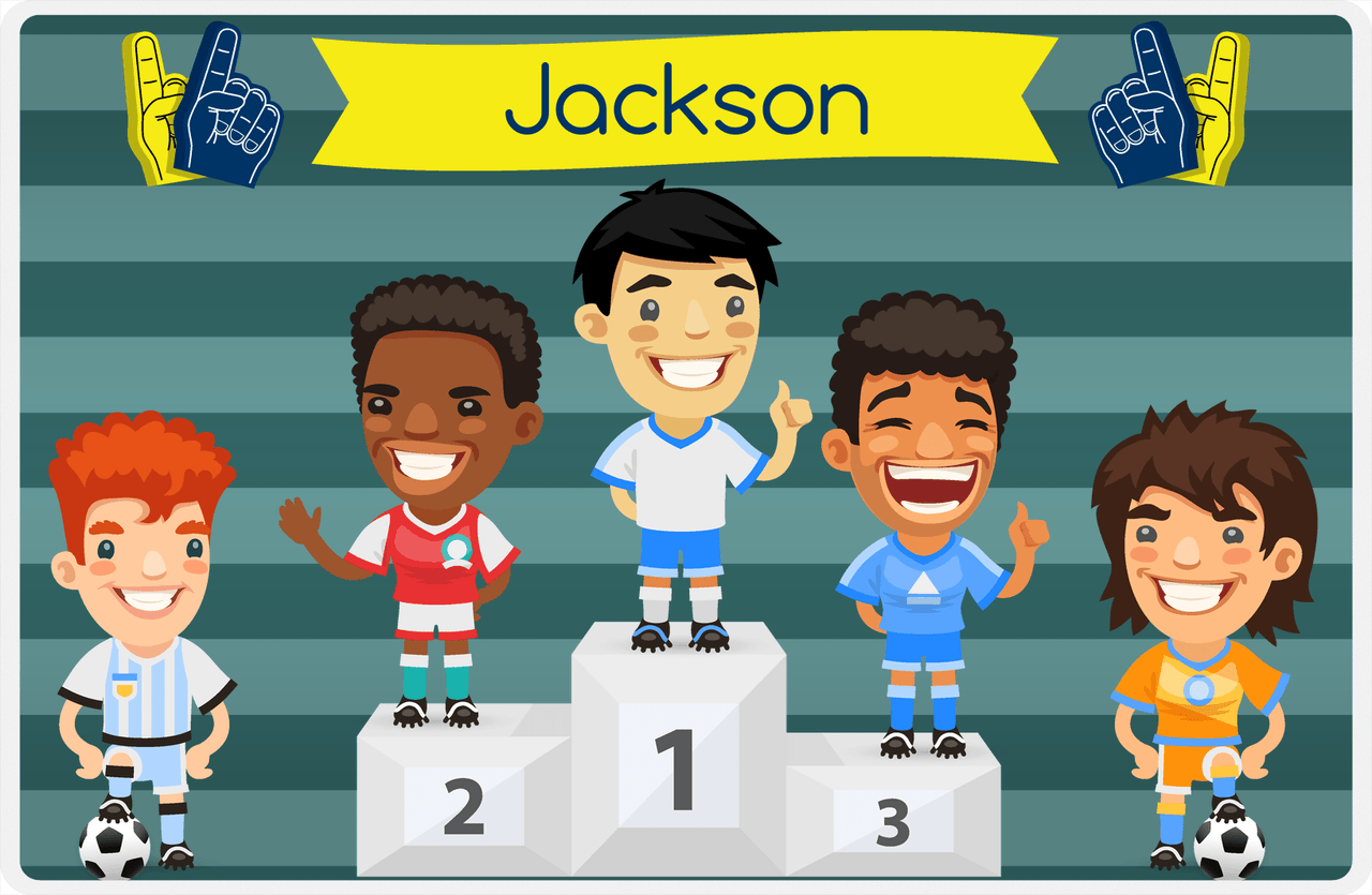 Personalized Soccer Placemat XXXVI - Teal Background - Black Hair Boy III -  View