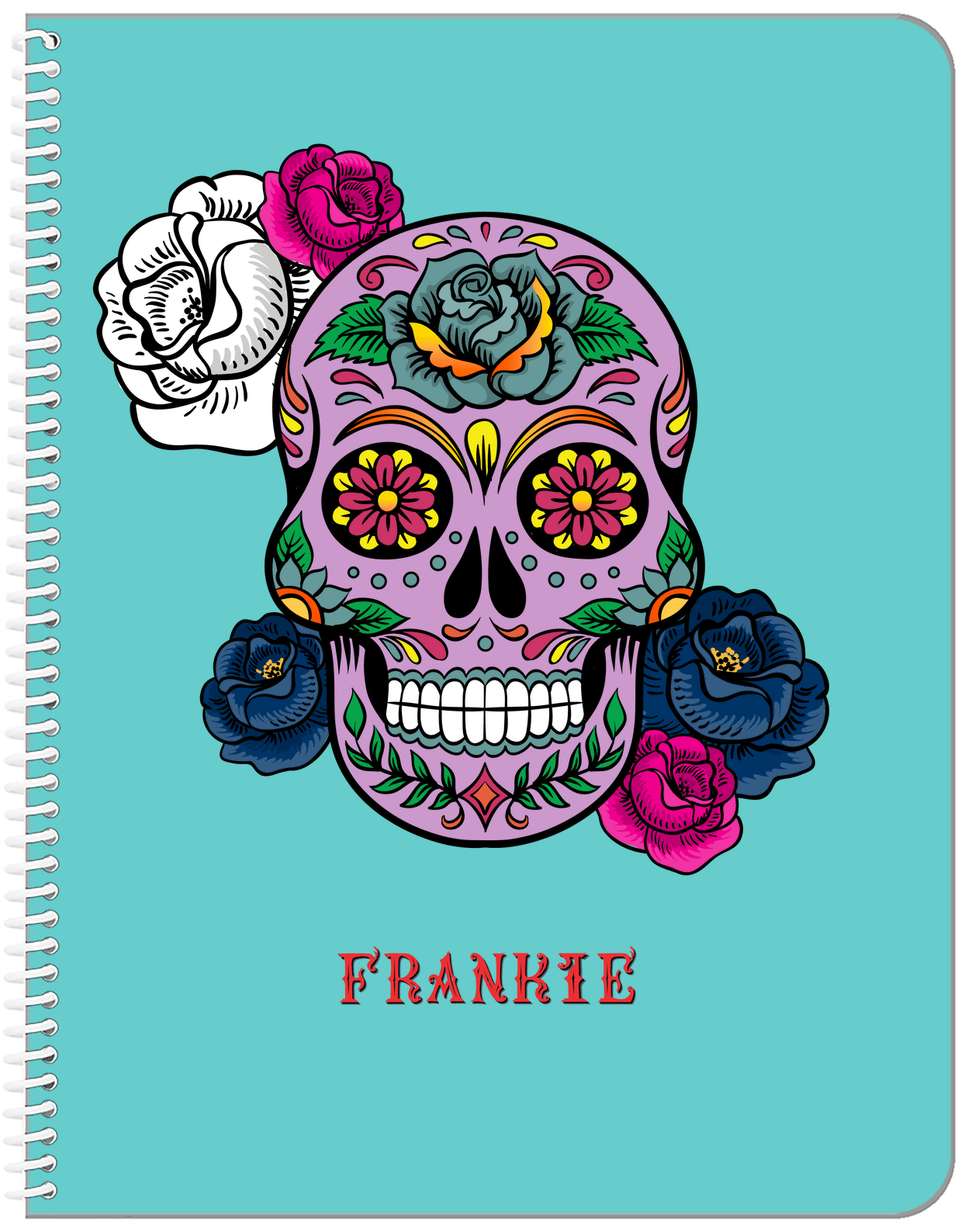 Personalized Sugar Skulls Notebook - Teal Background - Front View