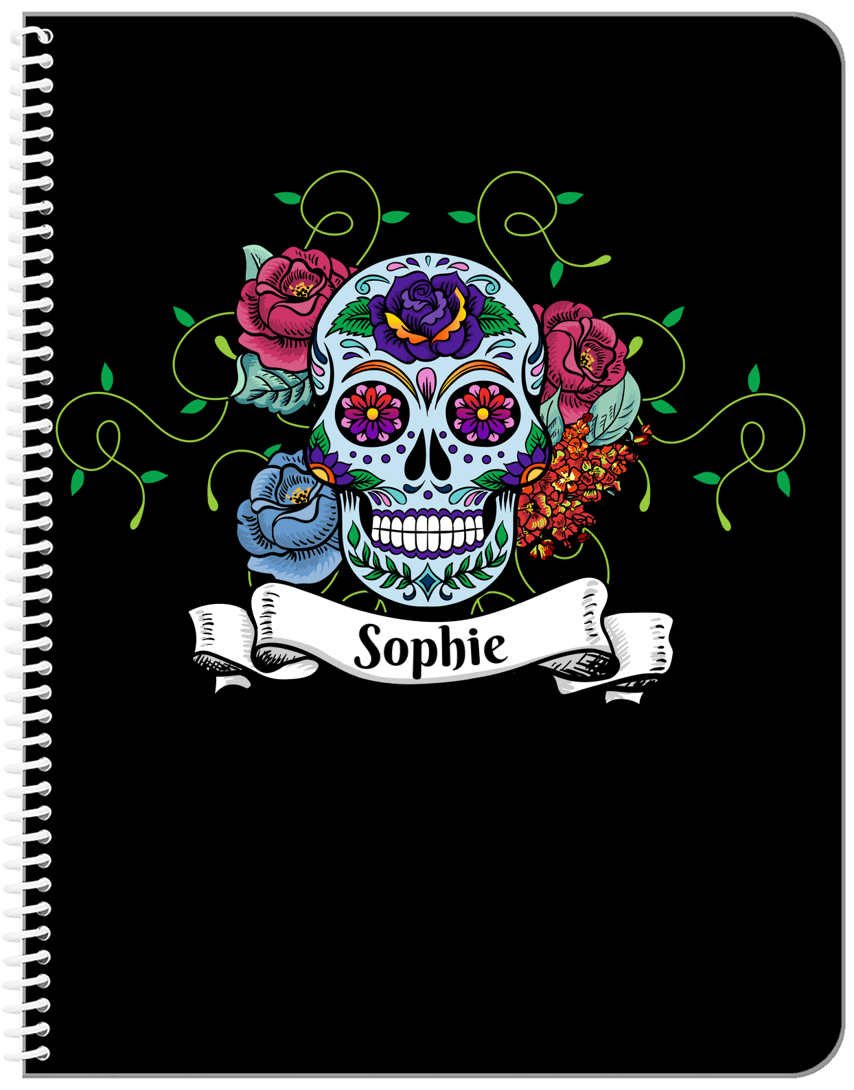 Personalized Sugar Skulls Notebook - Black Background - Front View
