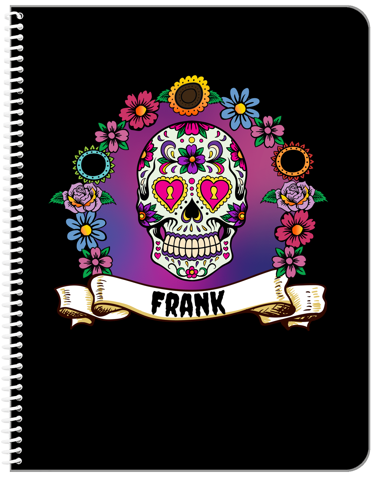 Personalized Sugar Skulls Notebook - Black Background - Front View