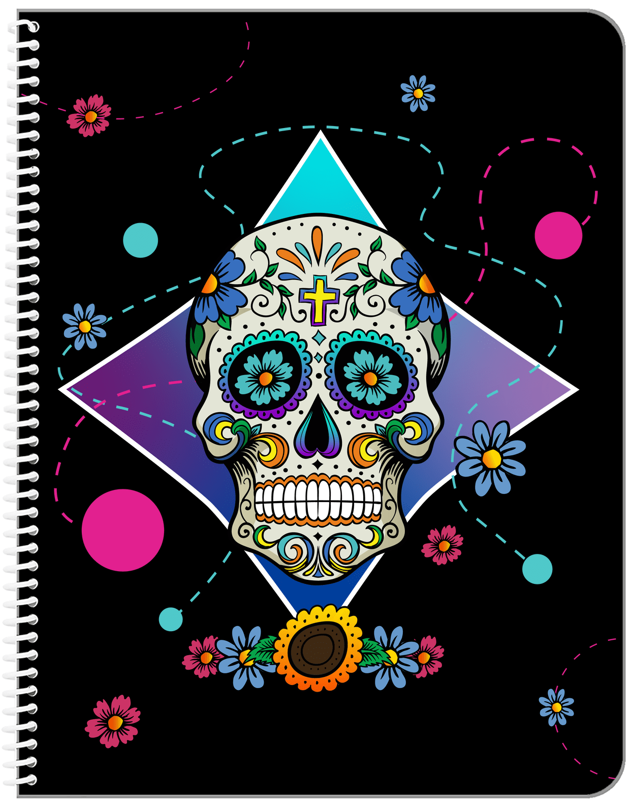 Sugar Skulls Notebook - Black Background - Front View
