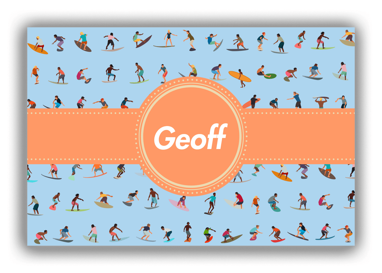 Personalized Surfing Canvas Wrap & Photo Print VII - Blue Background - Circle Ribbon Nameplate - Front View