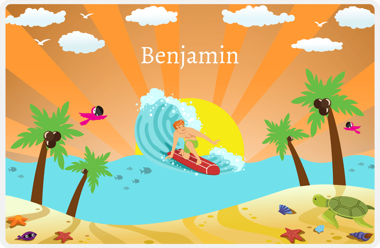 Personalized Surfing Placemat I - Orange Background - Redhead Boy -  View