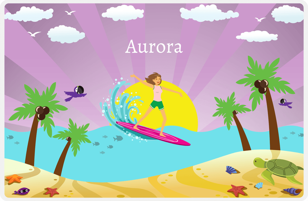Personalized Surfing Placemat II - Purple Background - Brunette Girl -  View