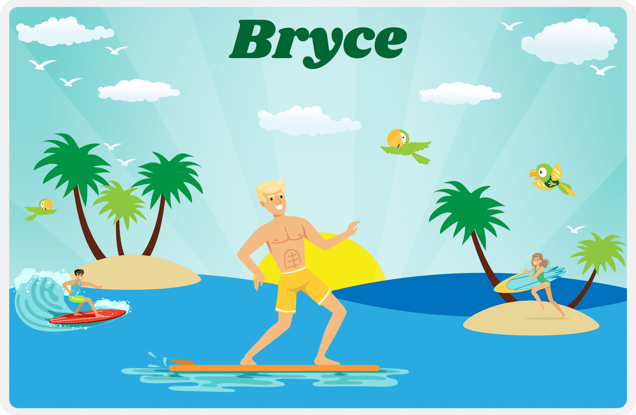 Personalized Surfing Placemat V - Teal Background - Blond Boy -  View