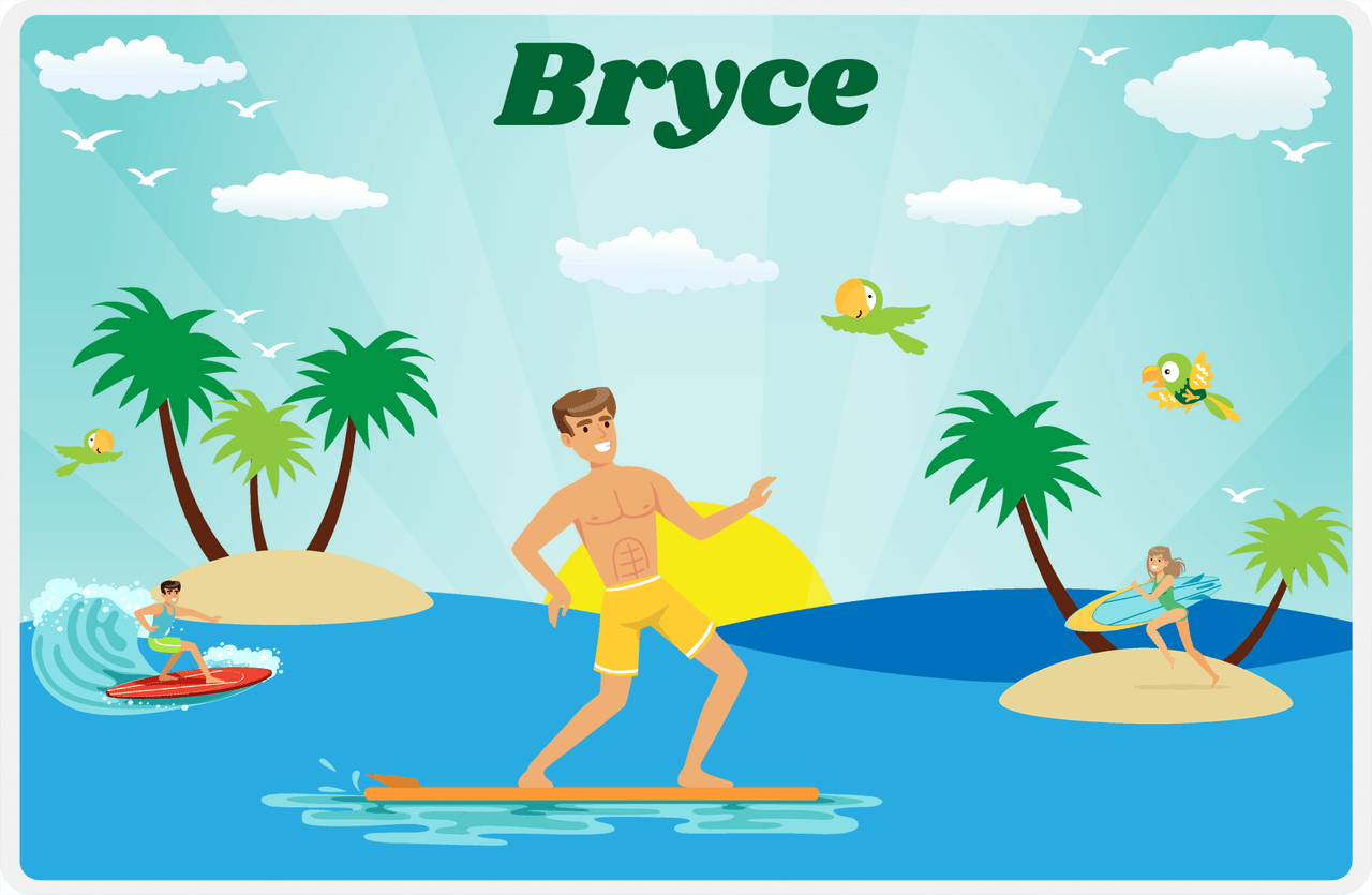 Personalized Surfing Placemat V - Teal Background - Brown Hair Boy -  View
