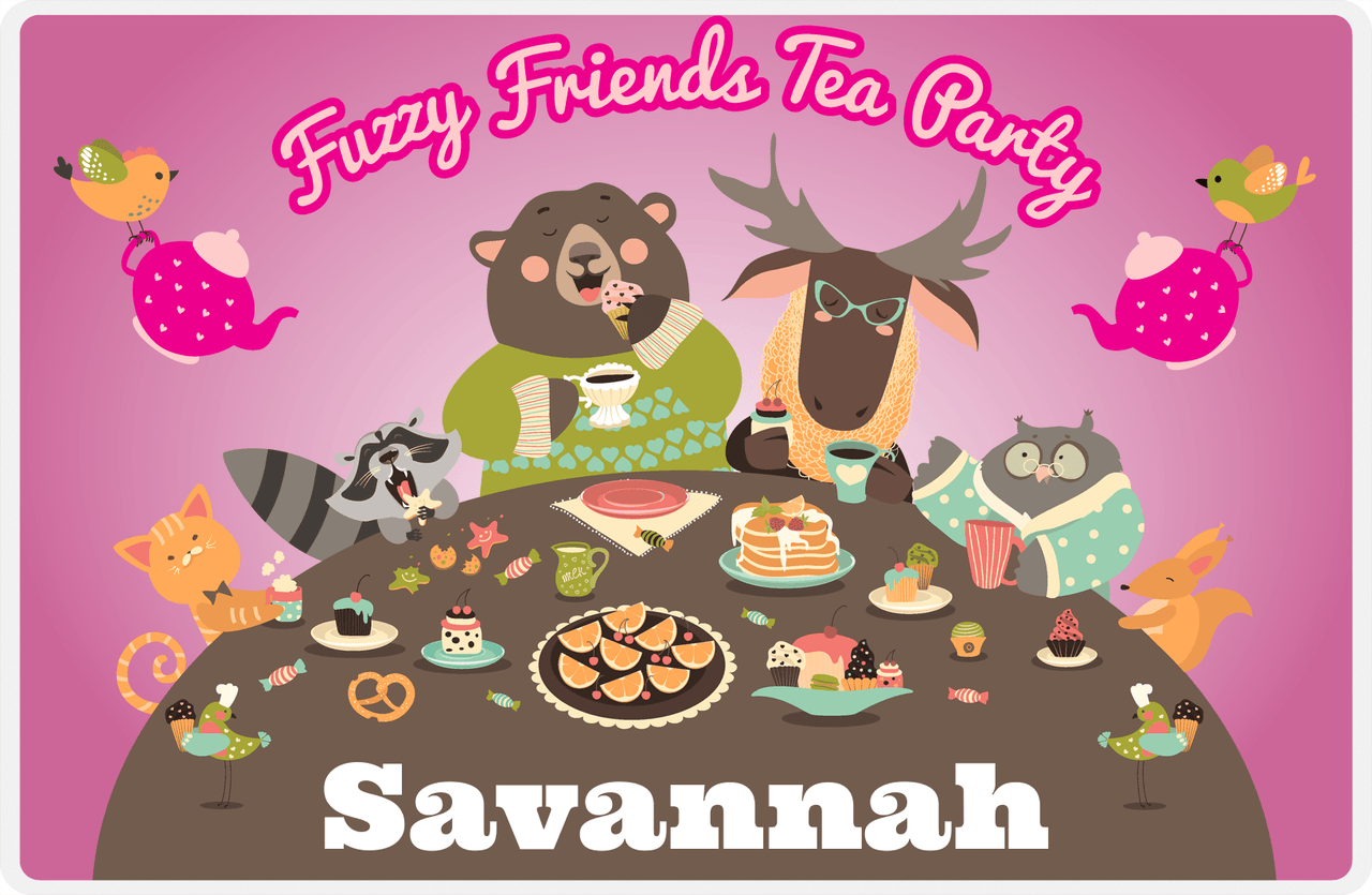Personalized Tea Party Placemat VI - Fuzzy Friends - Pink Background -  View