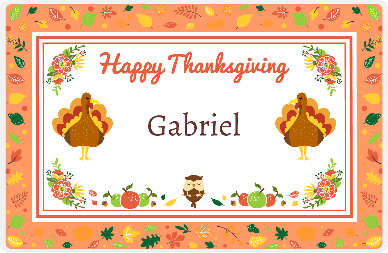 Personalized Thanksgiving Placemat VI - Foliage Border - Orange Background -  View