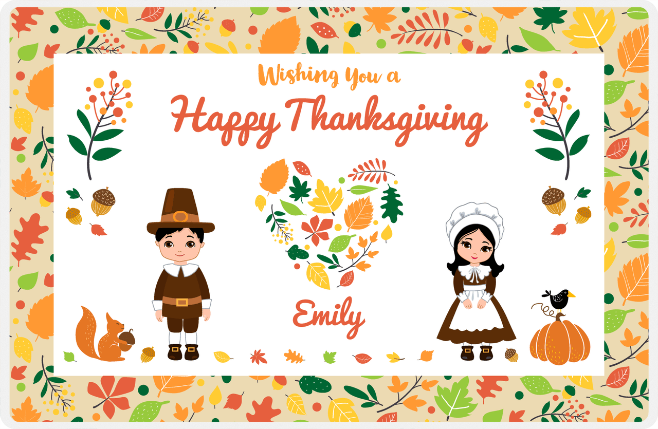 Personalized Thanksgiving Placemat XII - Foliage Heart - Black Hair Characters -  View