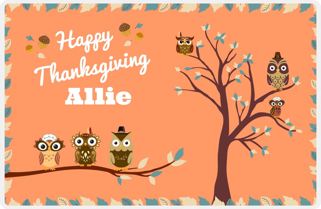 Personalized Thanksgiving Placemat XIV - Happy Owls - Orange Background -  View