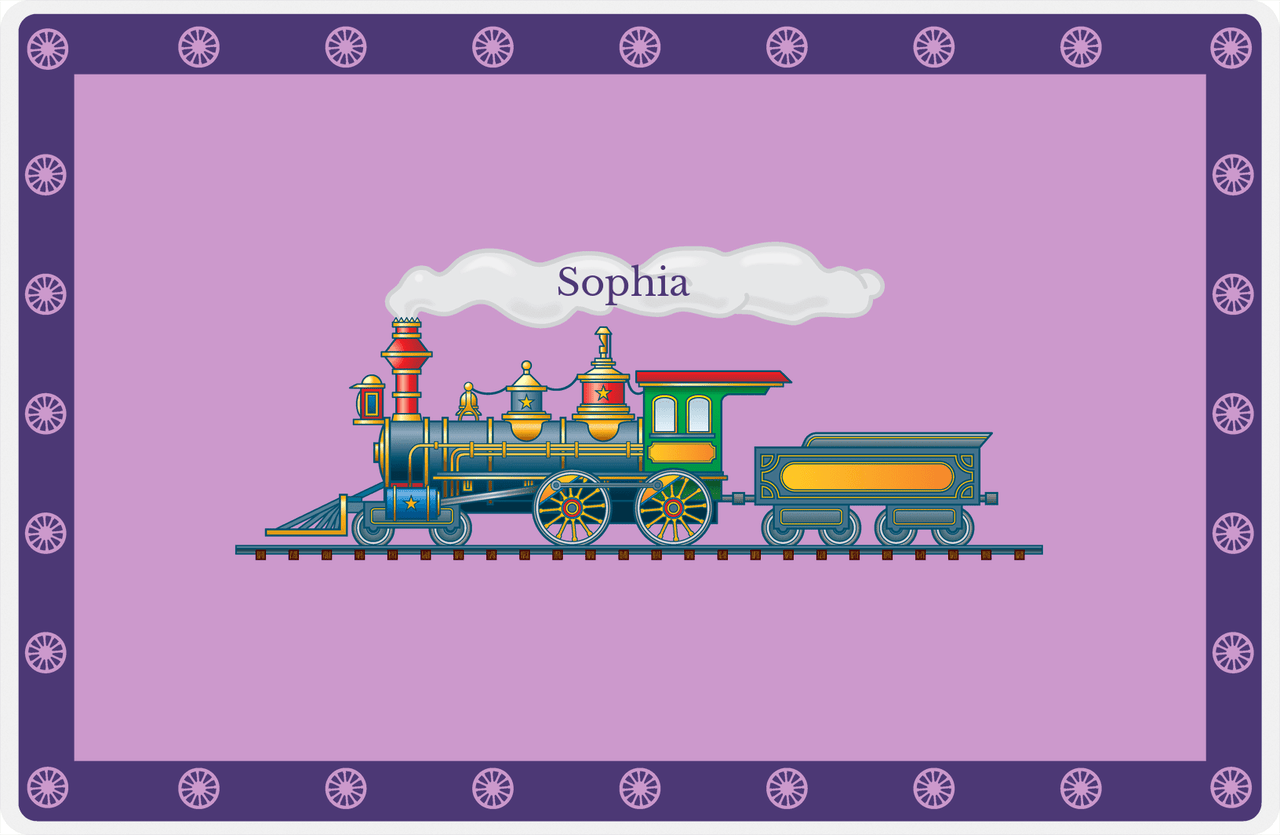 Personalized Train Placemat - Lilac and Indigo - Name in Smoke -  View