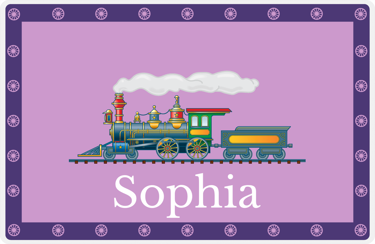 Personalized Train Placemat - Lilac and Indigo - Border with Wheels -  View