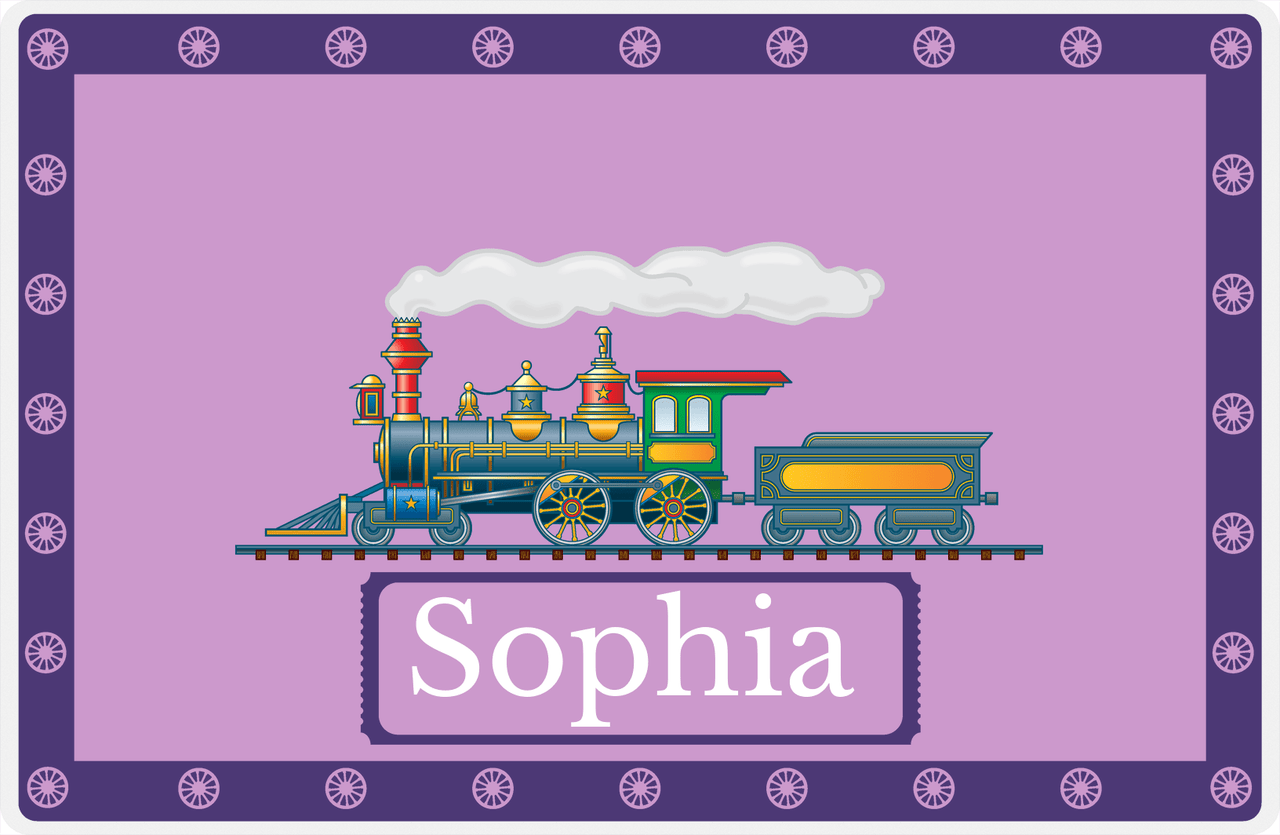 Personalized Train Placemat - Lilac and Indigo - Ticket with Border -  View