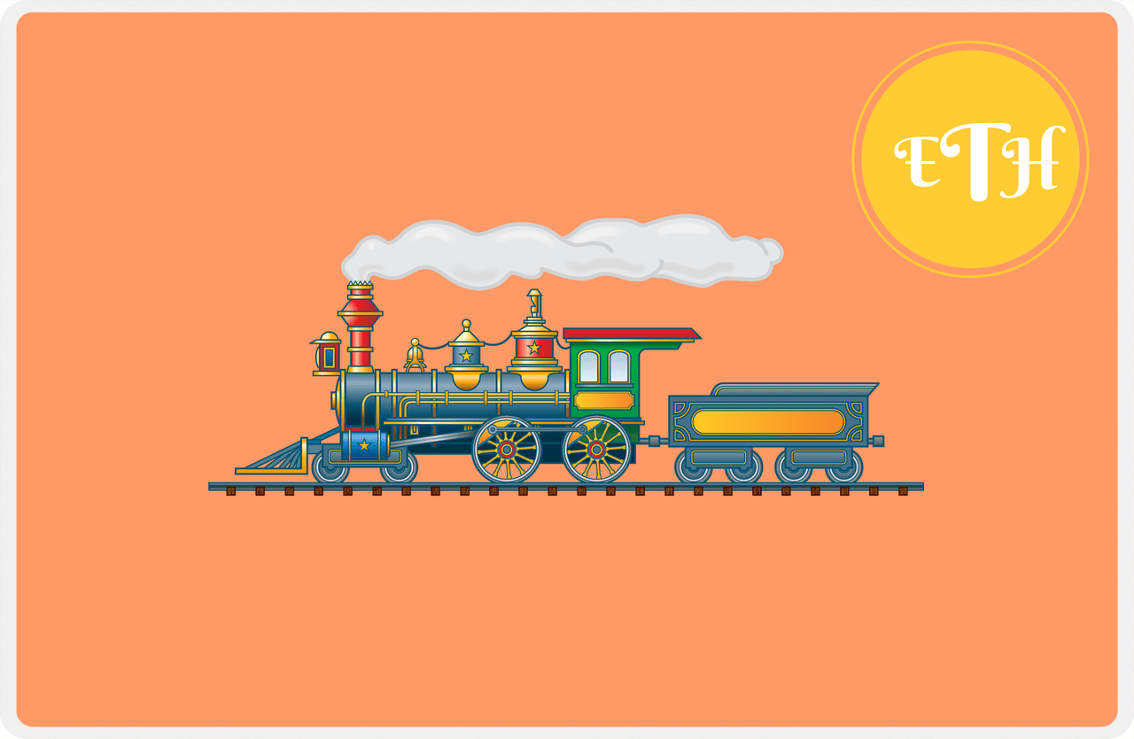 Personalized Train Placemat - Tangerine and Mustard - Corner Circle -  View
