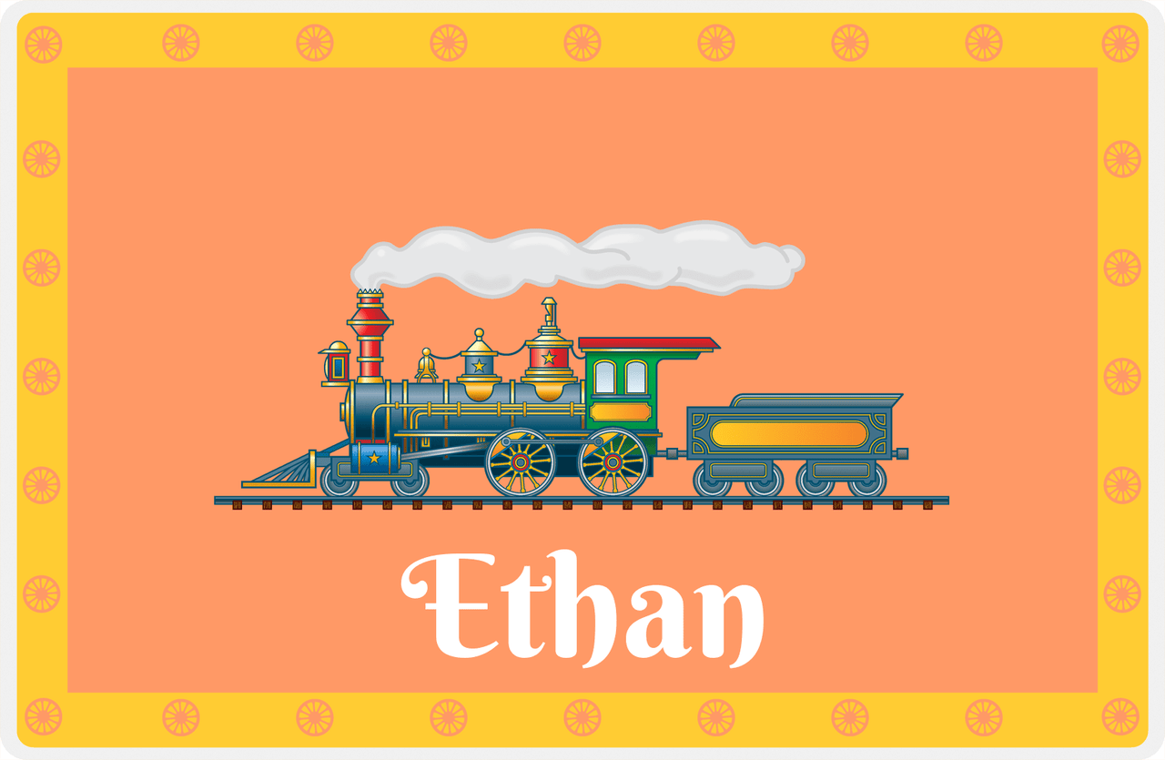 Personalized Train Placemat - Tangerine and Mustard - Border with Wheels -  View