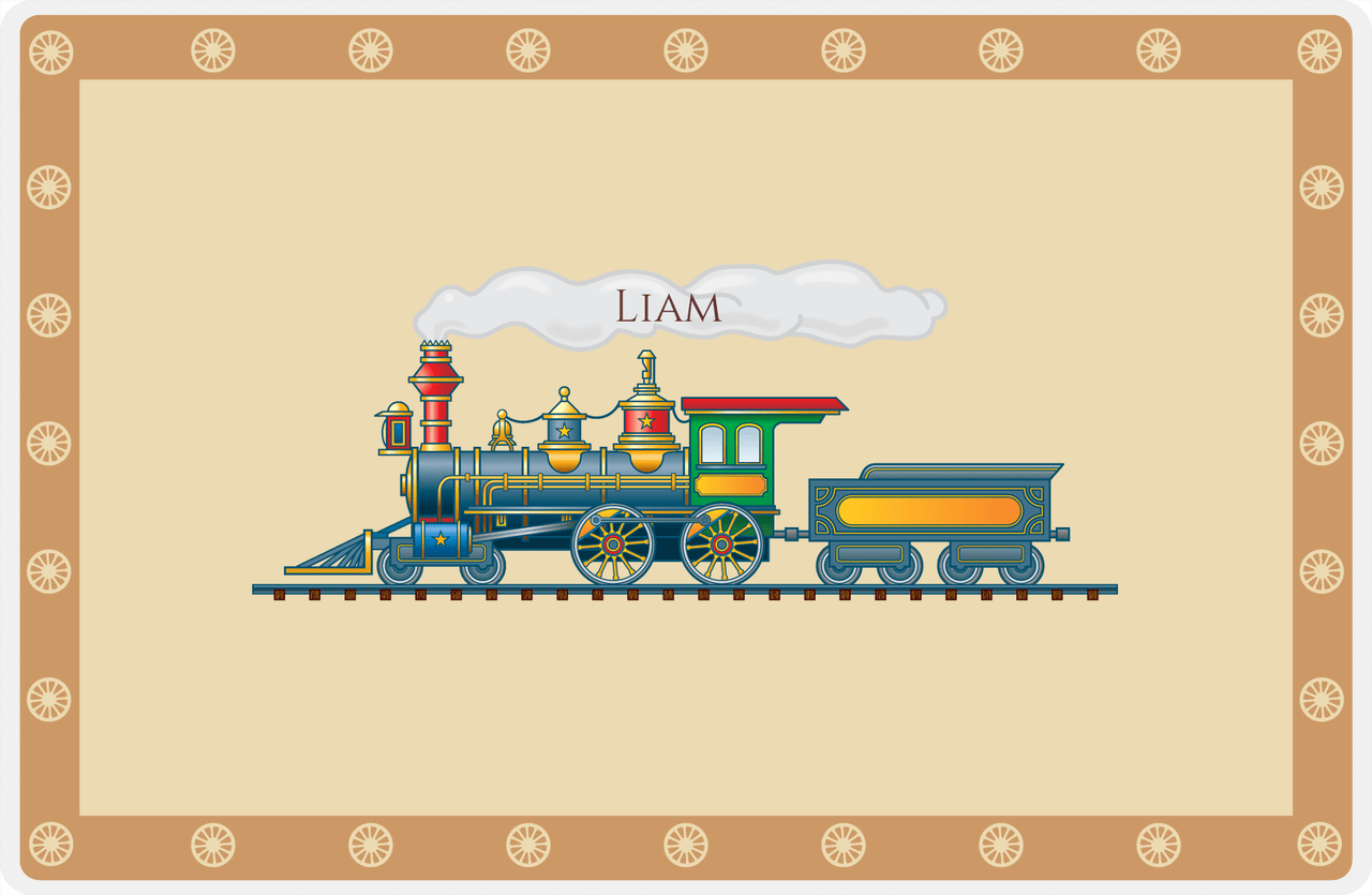 Personalized Train Placemat - Champagne and Light Brown - Name in Smoke -  View