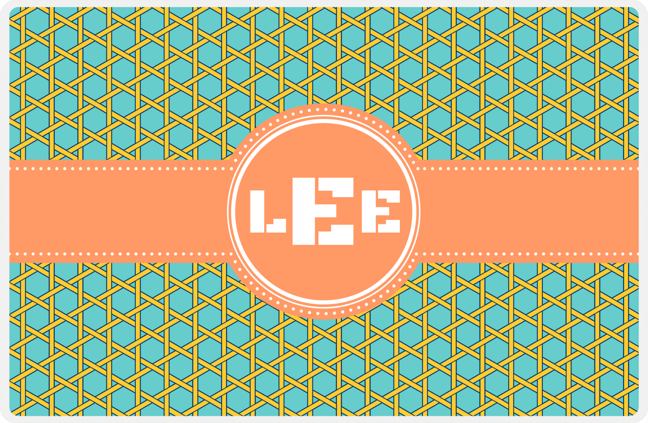 Personalized Trellis Placemat - Viking Blue and Mustard - Tangerine Circle Frame with Ribbon -  View