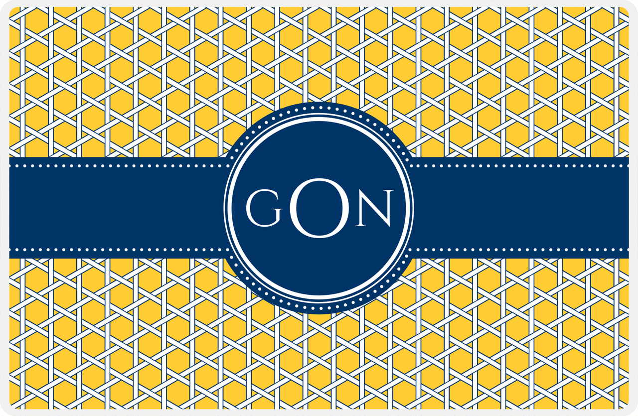 Personalized Trellis Placemat - Navy and Mustard - Navy Circle Frame with Ribbon -  View