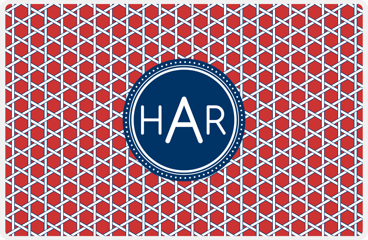 Personalized Trellis Placemat - Cherry Red and White - Navy Circle Frame -  View
